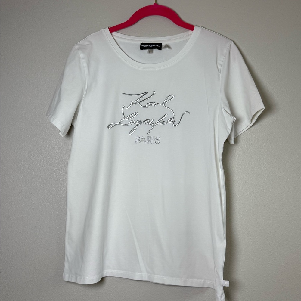 Karl Lagerfeld White Short Sleeve Tee with Silver Script Logo